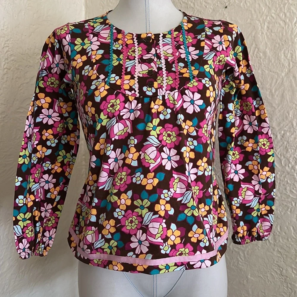 Hanna Andersson Floral Long Sleeve Trapeze Top Shirt Brown Pink Orange Blue 10